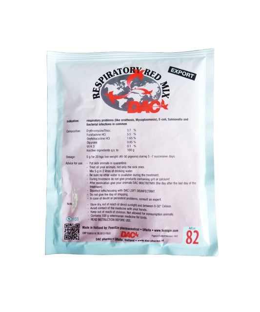 Adjuvant pentru porumbei impotriva infectiilor respiratorii si bacteriene Respiratory Red Mix (100 g), Dac Pharma
