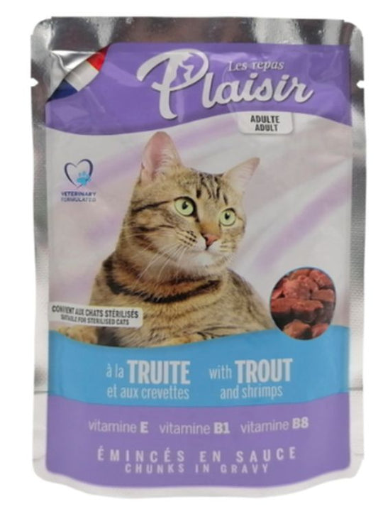 Hrana umeda pentru pisici - pastrav si creveti(100 g), Plaisir