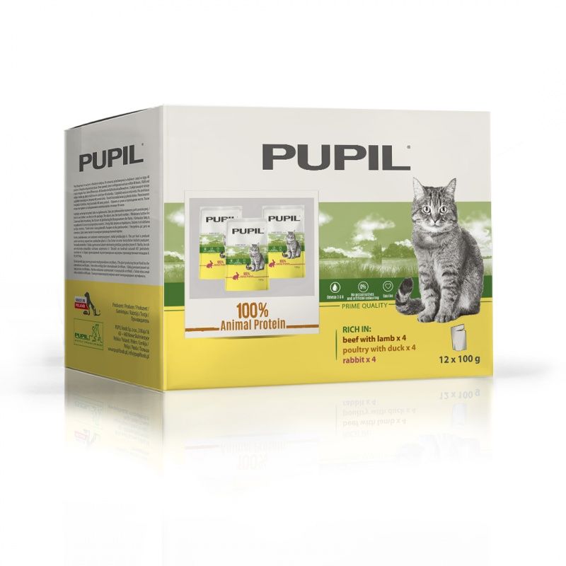 Hrana umeda pentru pisici Pupil Prime Quality, pui, rata, vita, miel si iepure - Adult (12 x 100 g), Pupil Foods