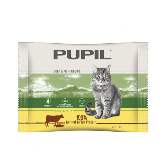 Hrana umeda pentru pisici Pupil Prime Quality, vita, ficat si somon - Adult (4 x 100 g), Pupil Foods