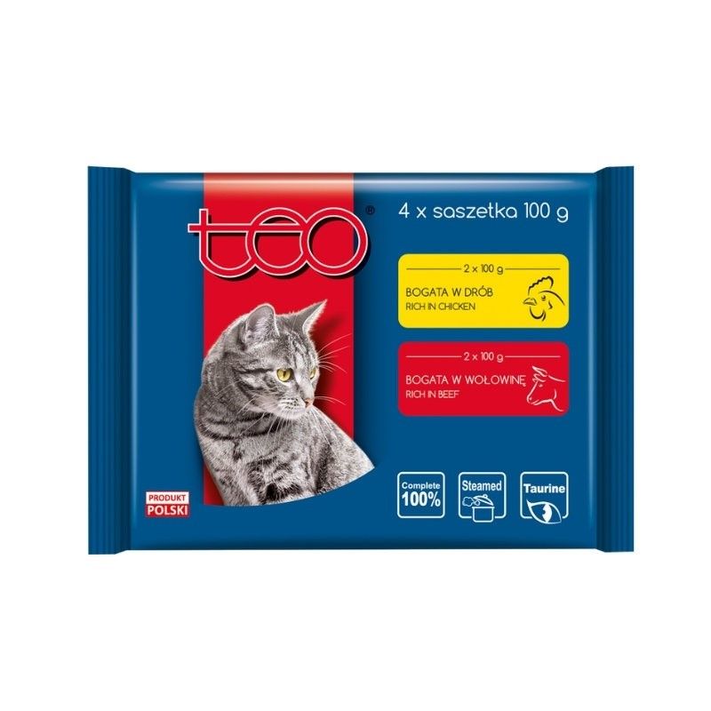 Hrana umeda pentru pisici Teo, carne de pasare si vita - Adult (4 x 100 g), Pupil Foods