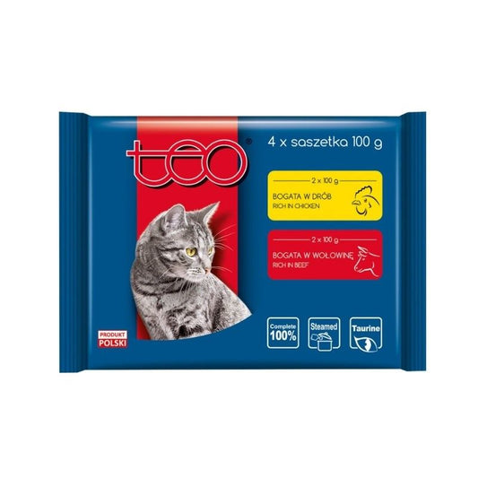 Hrana umeda pentru pisici Teo, carne de pasare si vita - Adult (4 x 100 g), Pupil Foods