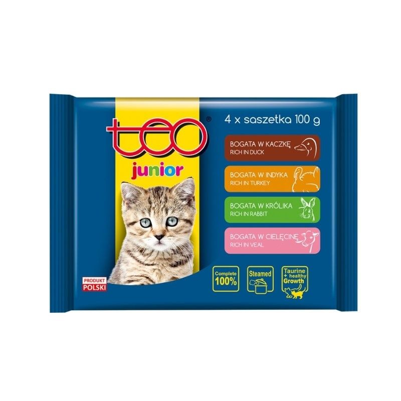 Hrana umeda pentru pisici Teo, pui, vita, rata si curcan - Junior (4 x 100 g), Pupil Foods