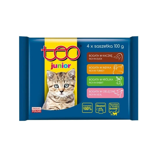 Hrana umeda pentru pisici Teo, pui, vita, rata si curcan - Junior (4 x 100 g), Pupil Foods