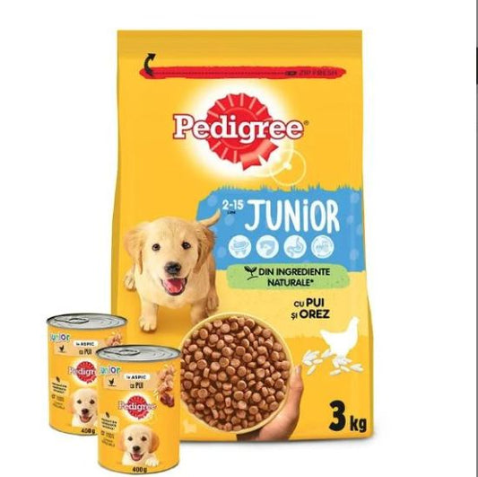 Pachet hrana uscata pentru caini Junior -pui si orez (3 kg) + 2 hrana umeda conserva pentru caini Junior - pui (400 g), Pedigree