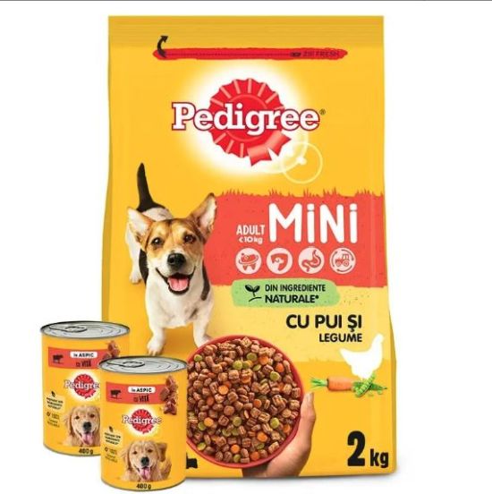 Pachet hrana uscata caini Mini Adult - pasare si legume (2 kg) + 2 conserve  hrana umeda pentru caini adulti - vita (400 g), Pedigree