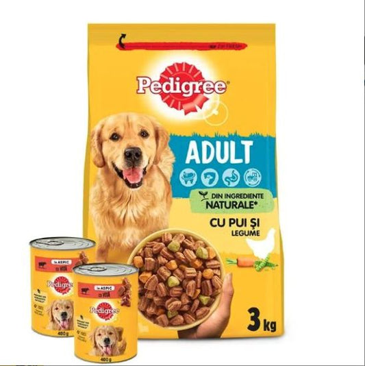 Pachet hrana uscata pentru caini adulti- pui si legume (3kg) + 2 conserve hrana umeda pentru caini adulti -vita (400 g) , Pedigree