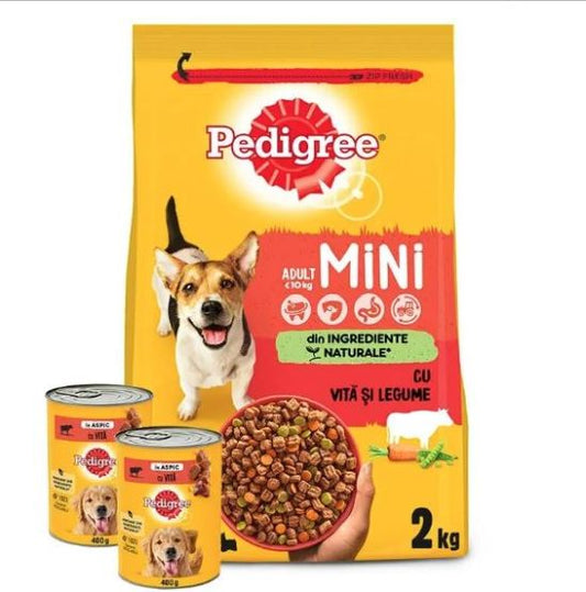 Pachet hrana uscata caini Mini Adult - vita si legume (2 kg)  + 2  conserve hrana umeda pentru caini adulti - vita in aspic  (400 g), Pedigree 