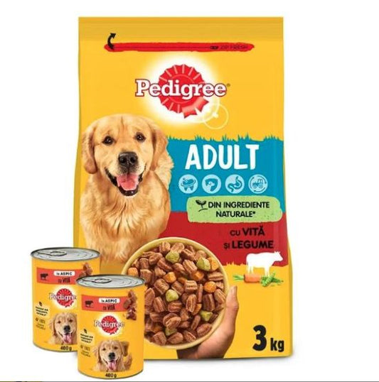 Pachet hrana uscata pentru caini adulti -vita si legume (3 kg) + 2 conserve hrana umeda pentru caini adulti - vita (400 g), Pedigree