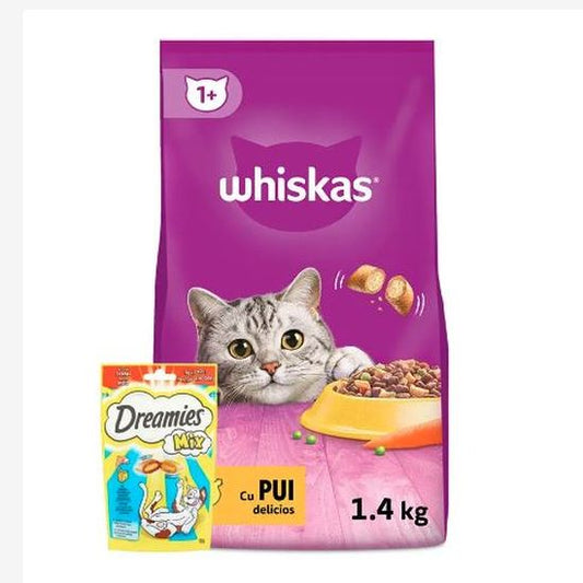 Pachet hrana uscata pentru pisici (1.4 kg), Whiskas + Recompensa pentru pisici - (60 g), Dreamies