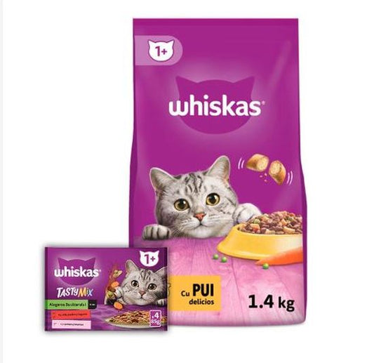 Pachet hrana uscata pentru pisici adulte pui (1.4 kg) + hrana umeda pentru pisici adulte Tasty Mix (4 x 85 g), Whiskas