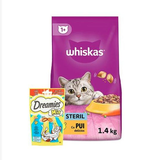 Pachet hrana uscata pentru pisici Sterilizate - pui (1.4 kg) + Recompensa pentru pisici adulte - somon si branza (60g), Dreamies