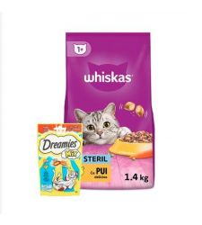 Pachet hrana uscata pentru pisici Sterilizate - pui (1.4 kg) + Recompensa pentru pisici adulte - somon si branza (60g), Dreamies